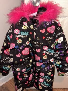 Kids Black Puffer Coat with Hot Pink Faux Fur Trim